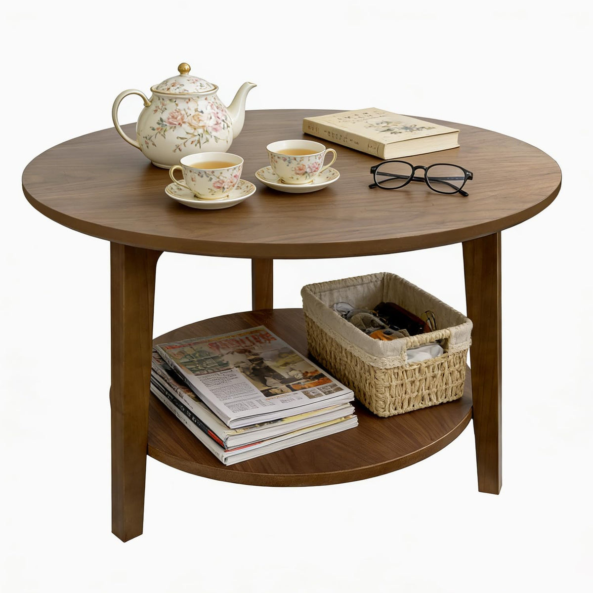 2-Tier Round Coffee Table, 28ââ Wood Nesting Side Table with Storage Shelf, Natural Walnut Wood Tables for Living Room, Space Saving Accent Table