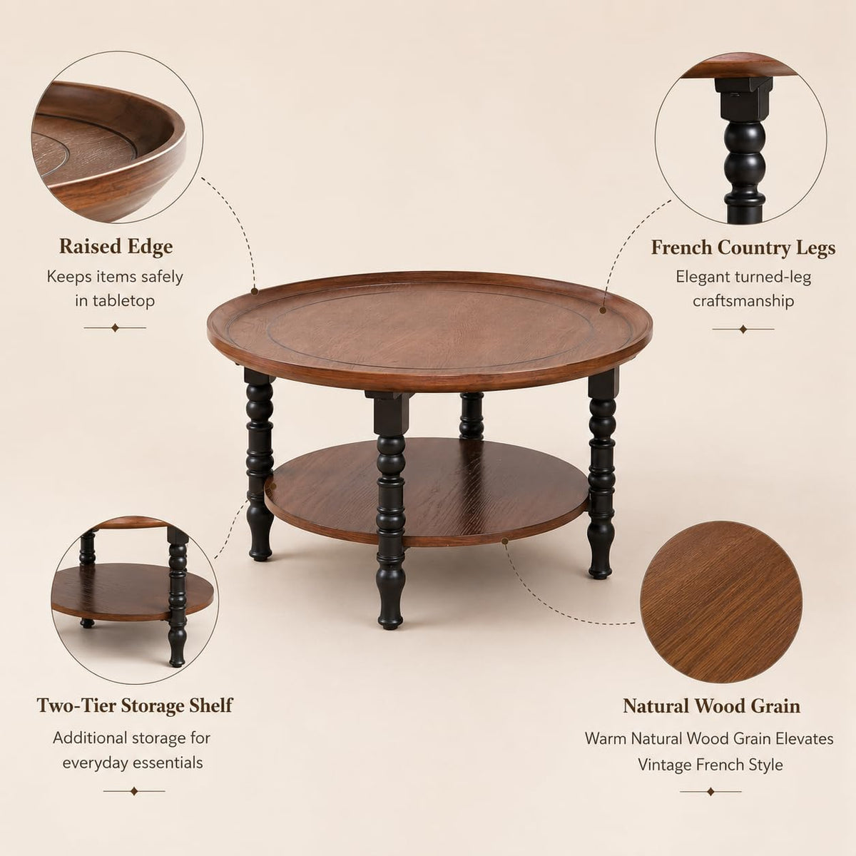 Saint Mossi French Country Coffee Table for Living Room, Mid-Century Modern Round Coffee Table, 2-Tier Wood Center Table, Wanlut Wood Top and French Style Table Legs