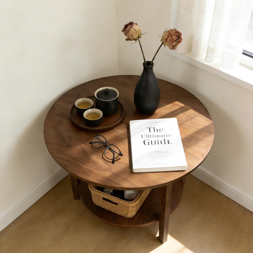 2-Tier Round Coffee Table, 28ââ Wood Nesting Side Table with Storage Shelf, Natural Walnut Wood Tables for Living Room, Space Saving Accent Table