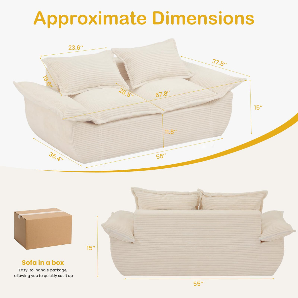 56" Boneless Loveseat, 2-Seater Black Boneless Sofa with Removable Cushions & 2 Pillows, Small Mini Couch Boneless Foam Sofa for Living Room, Apartments, & Office