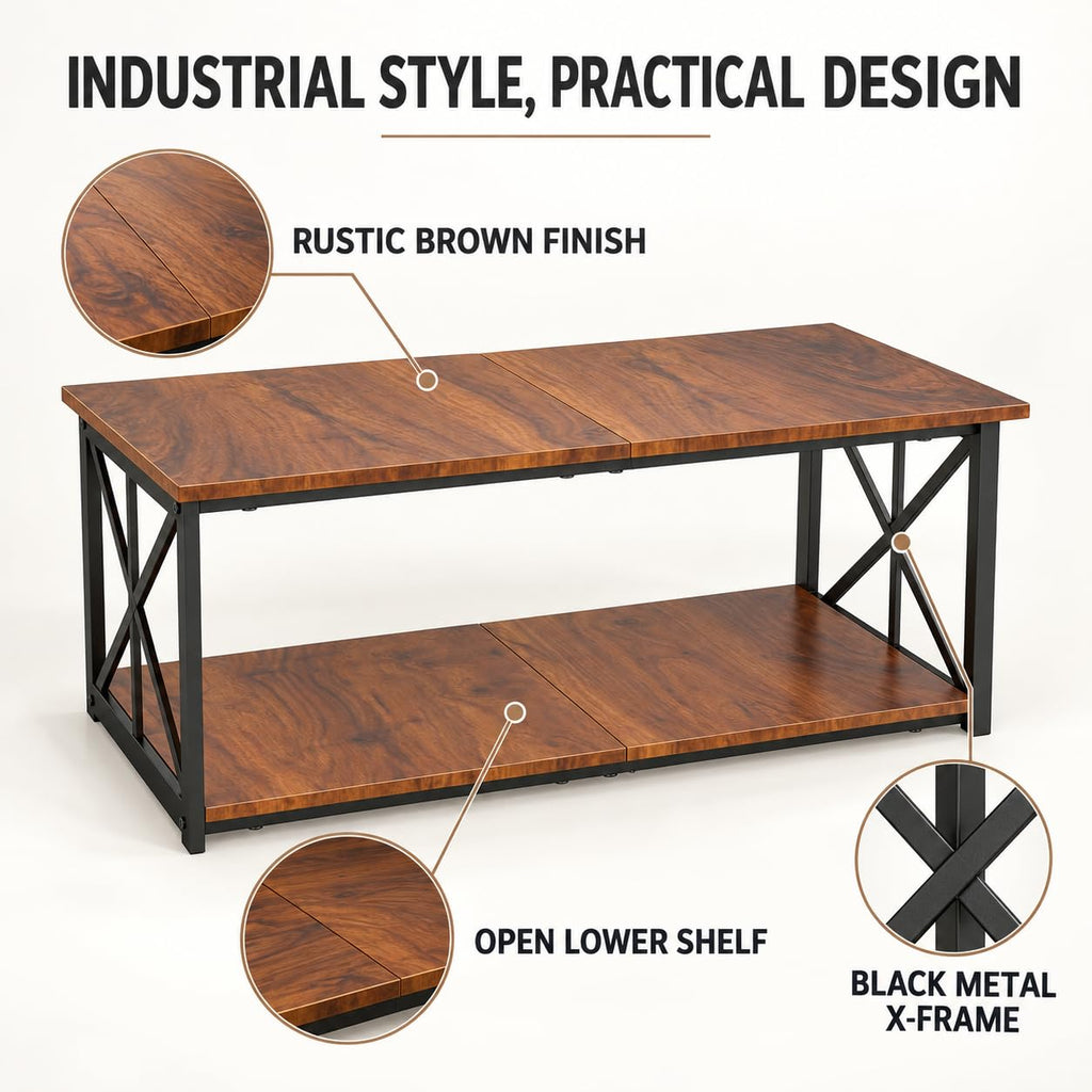 Manora Industrial Rectangular Coffee Table with Storage Shelf, Rustic Brown