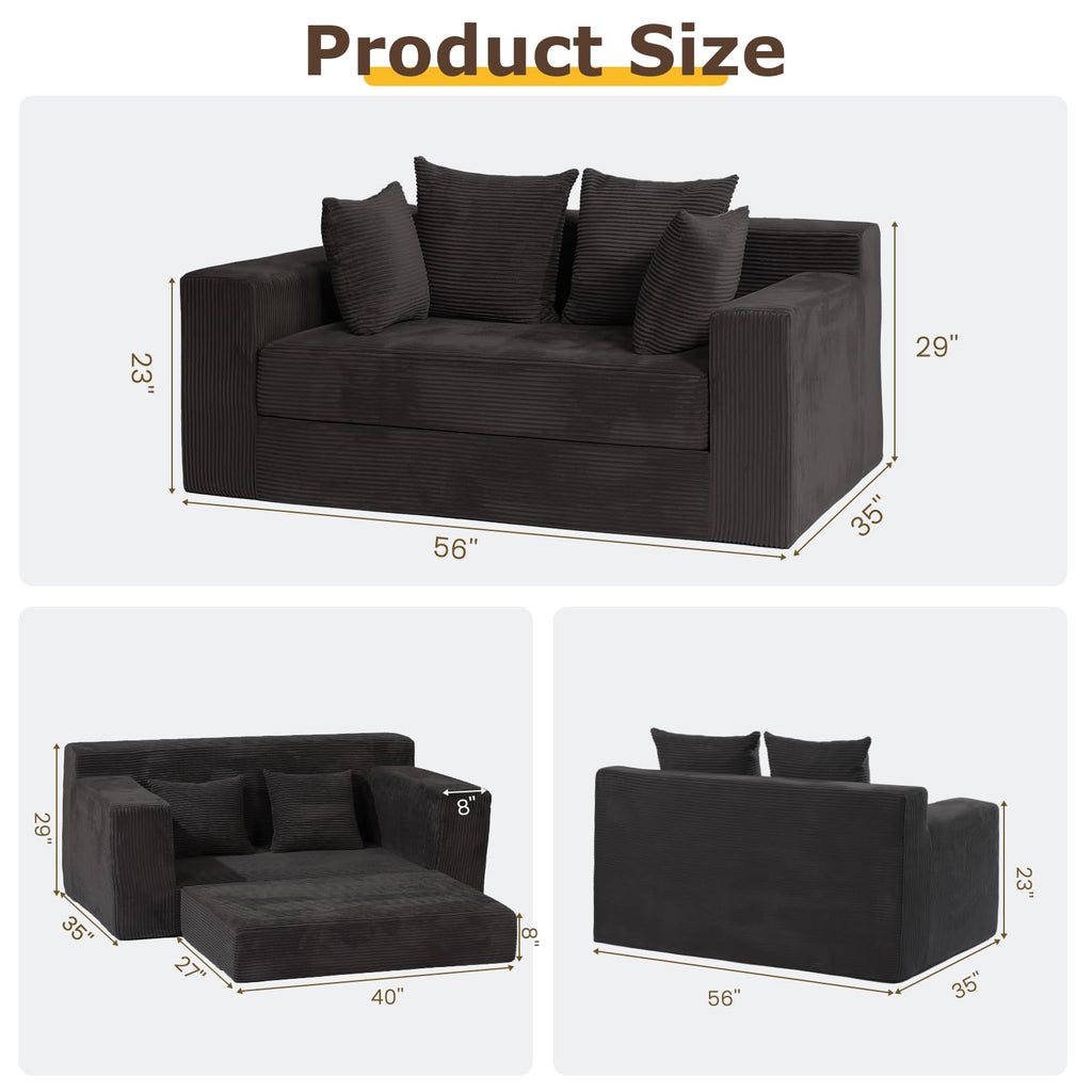 cidludto Convertible Sofa Bed, 3 in 1 Loveseat Folding Couch Bed Foldable - Chaise Lounge Chair & Floor Futon Sofa, Corduroy Pull Out Sofa Bed with 4 Pillows for Living Room, Beige