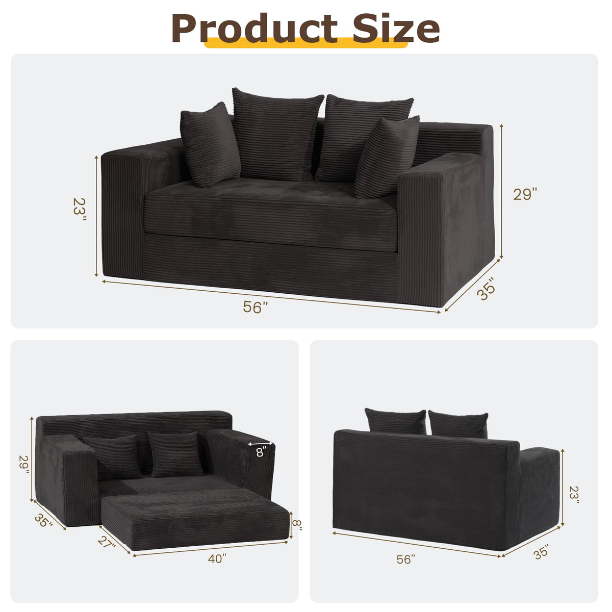 cidludto Convertible Sofa Bed, 3 in 1 Loveseat Folding Couch Bed Foldable - Chaise Lounge Chair & Floor Futon Sofa, Corduroy Pull Out Sofa Bed with 4 Pillows for Living Room, Beige