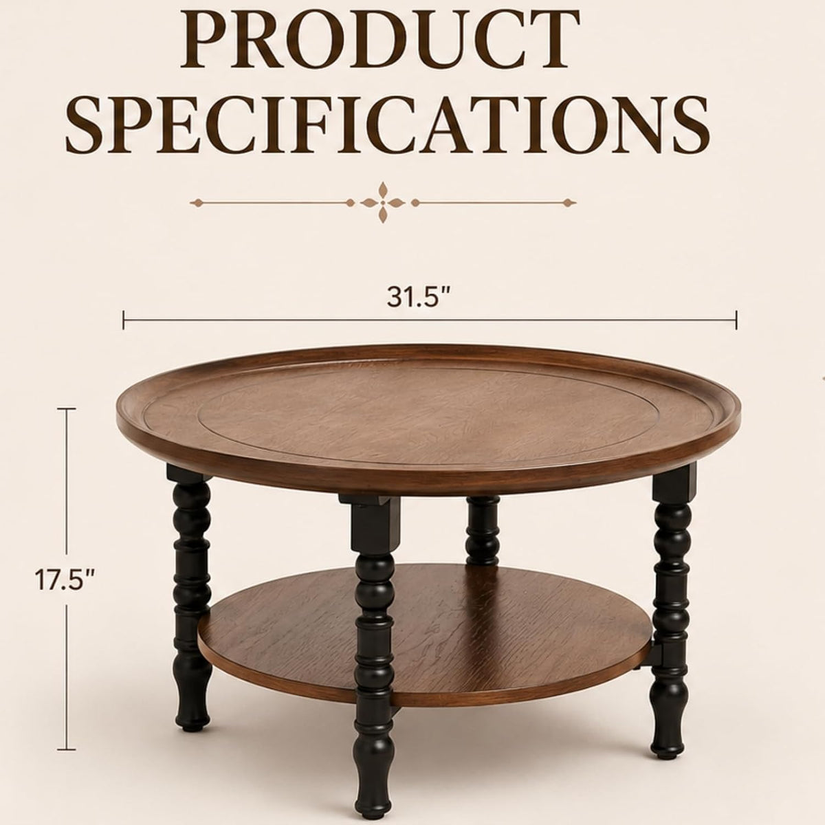 Saint Mossi French Country Coffee Table for Living Room, Mid-Century Modern Round Coffee Table, 2-Tier Wood Center Table, Wanlut Wood Top and French Style Table Legs