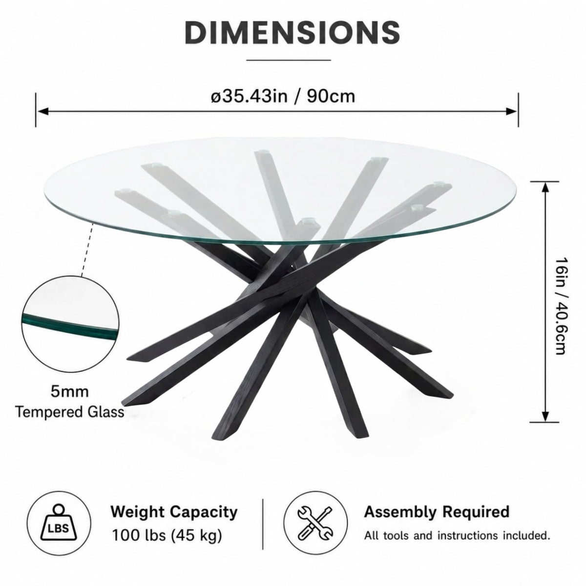 Round Glass Coffee Table-Mid Century Modern Solid Wood Coffee Table
