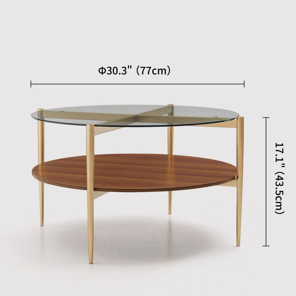 LumFurn Round Coffee Table for Living Room, Mid-Century Modern Design, D30 x H17, 2-Tier Structure, Grey Glass Top and Black Marble Finish Wood Shelf, Sleek Conical Metal Legs with Gold Finish Frame