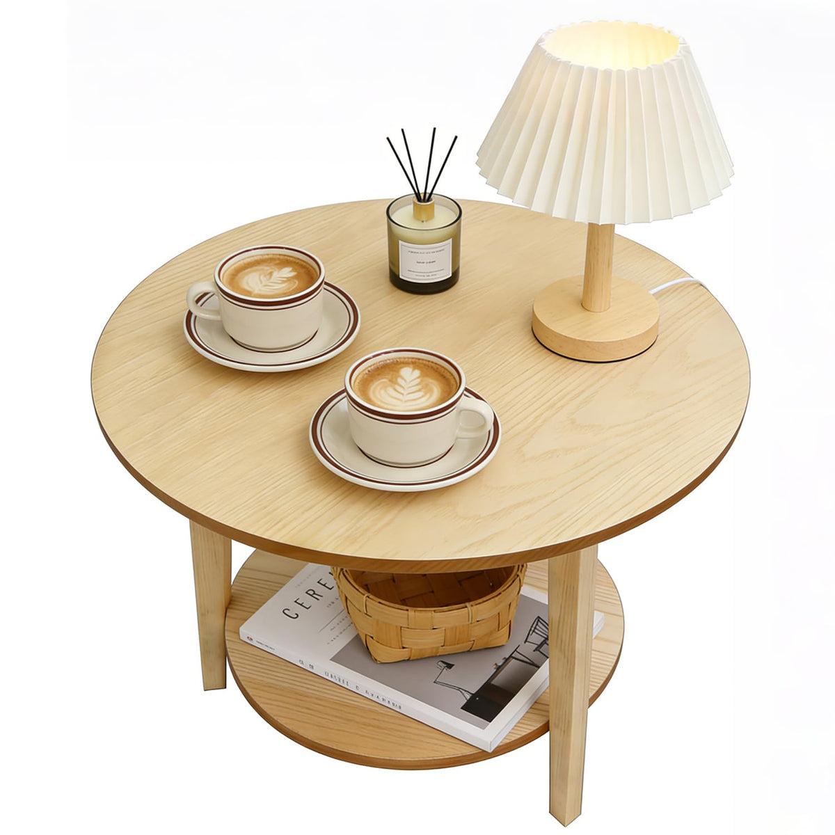 2-Tier Round Coffee Table, 28ââ Wood Nesting Side Table with Storage Shelf, Natural Walnut Wood Tables for Living Room, Space Saving Accent Table