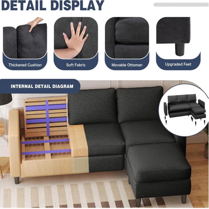 Living Room Office Three Seater L Shaped Sofa with Movable Footstool Fabric Soft Cushion Light Luxury