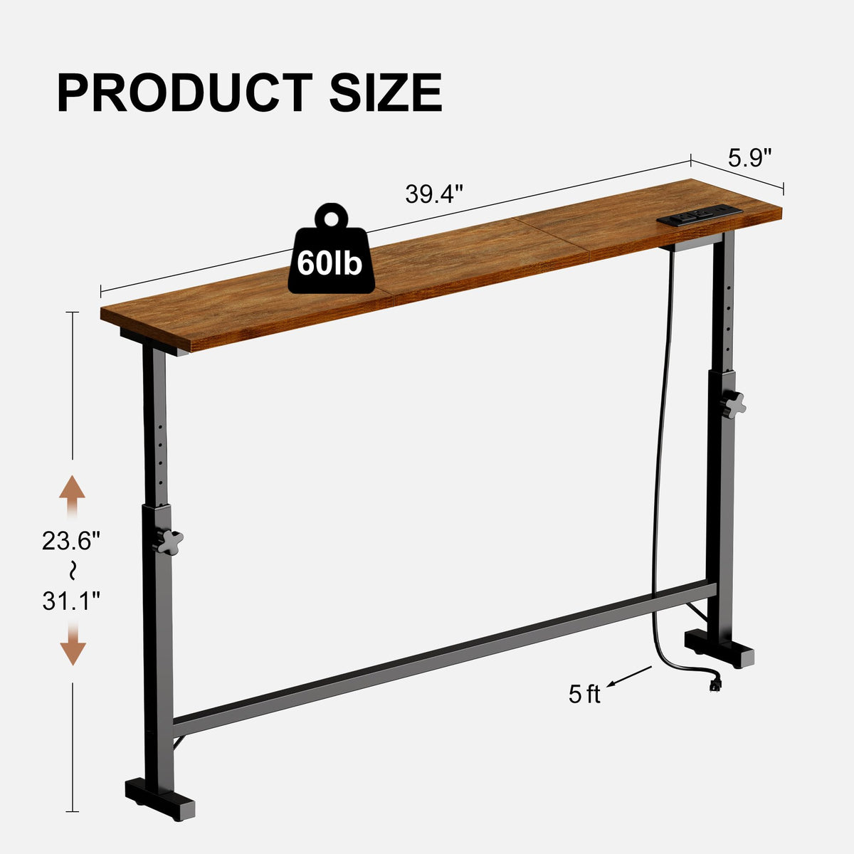 106"-157" Adjustable Length Behind Couch Sofa Table with 3 Power Outlets