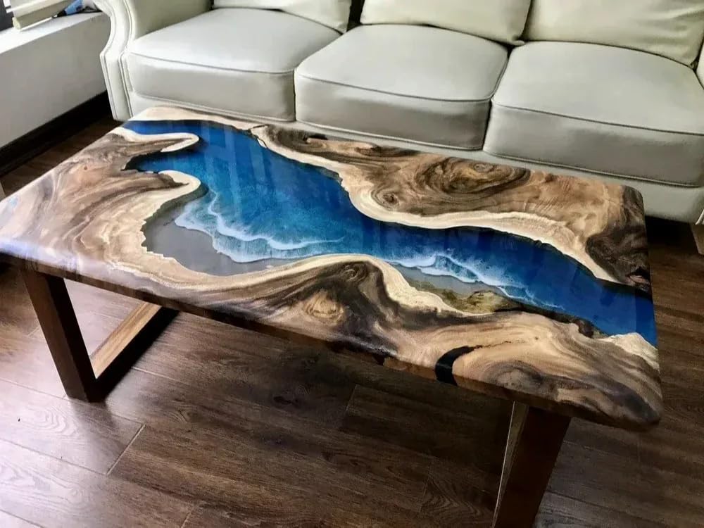 Natural Wood Unique Blue Ocean with Wave Look Resin Epoxy Table Coastal Table Top Dining Table Coffee Table Side/End Table Home DÃ©cor (16.5" Inches Tall, 36 x 24 Inches)
