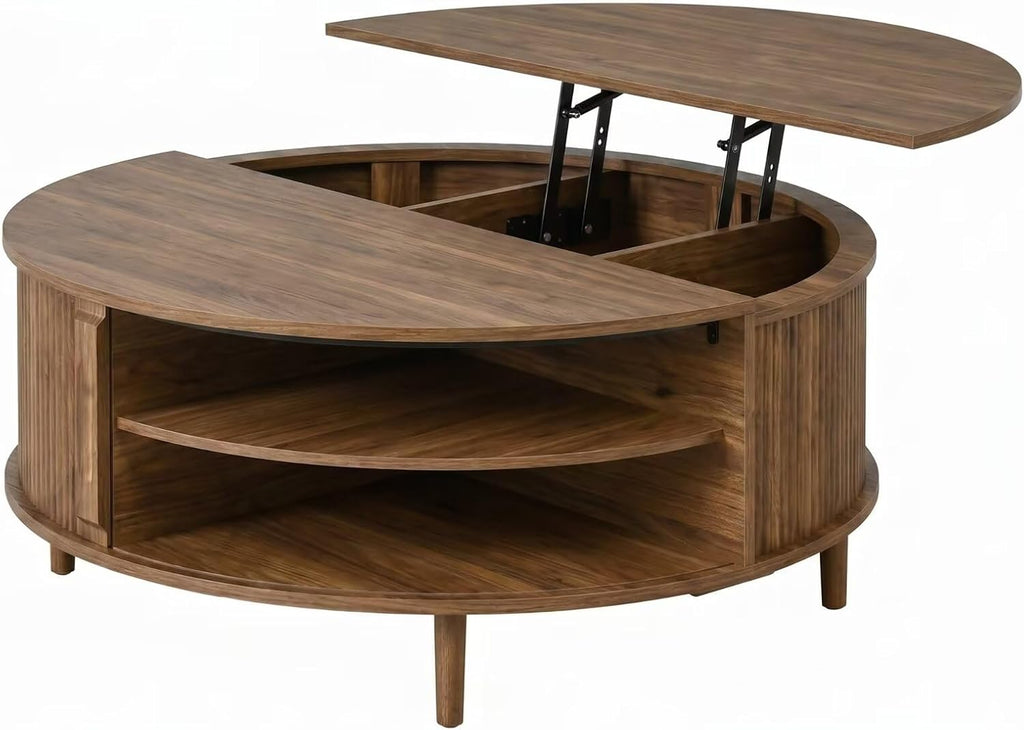 Round Lift Top Coffee Table, 39.4 Inch Minimalist Fluted Walnut Wood Cocktail Table with Hidden Divided Storage & Dual-Tier Open Side Shelves, Dark Walnut Finish Circular Living Room Center Table