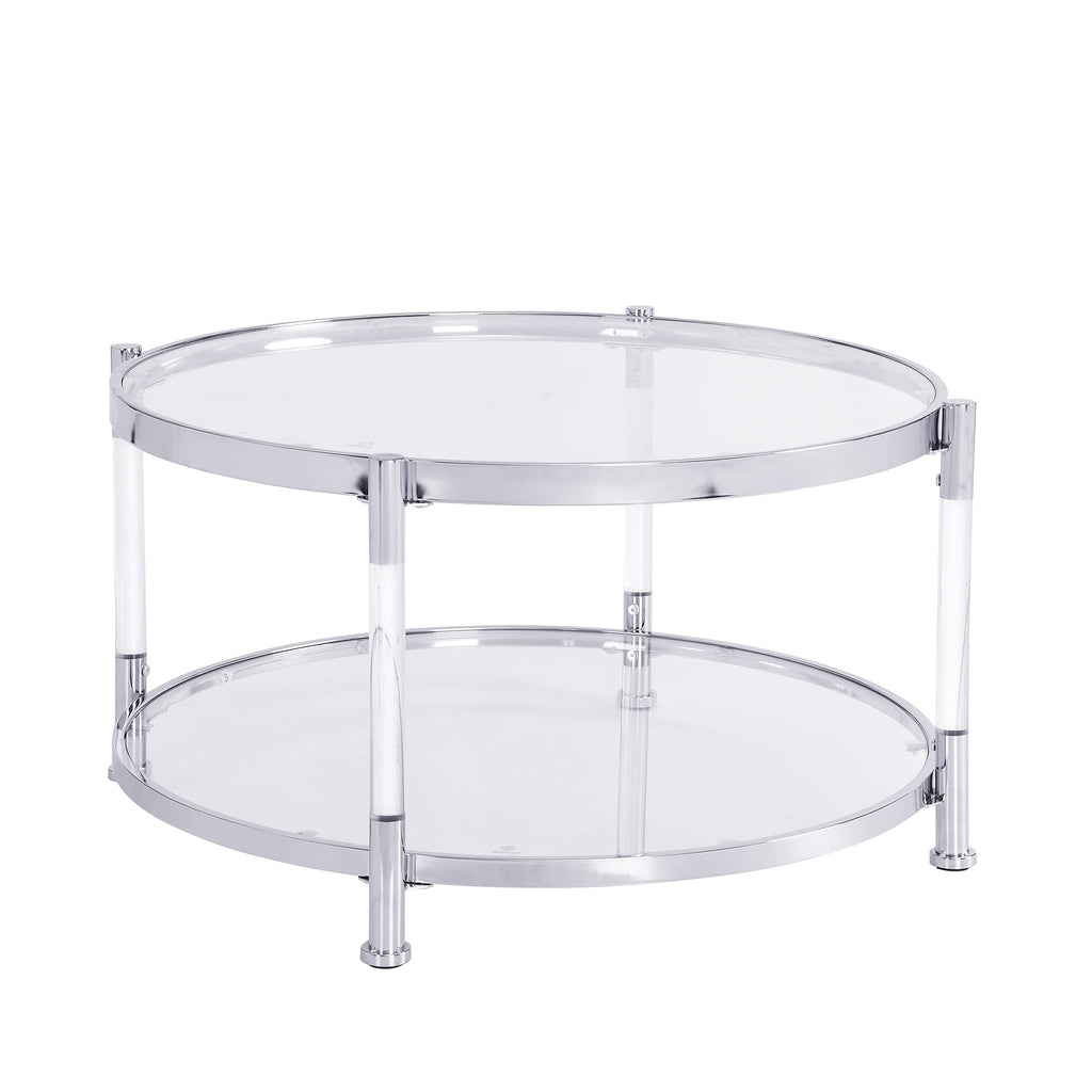 32" Tempered Glass Round Coffee Table Modern Chrome Frame Acrylic Legs Circle Living Room Center Tables