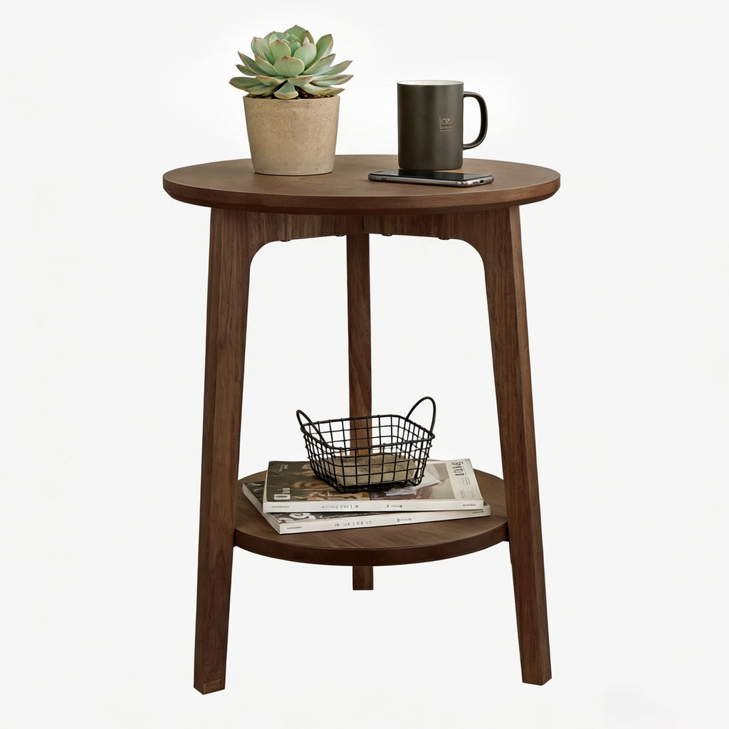 2-Tier Round Coffee Table, 28ââ Wood Nesting Side Table with Storage Shelf, Natural Walnut Wood Tables for Living Room, Space Saving Accent Table