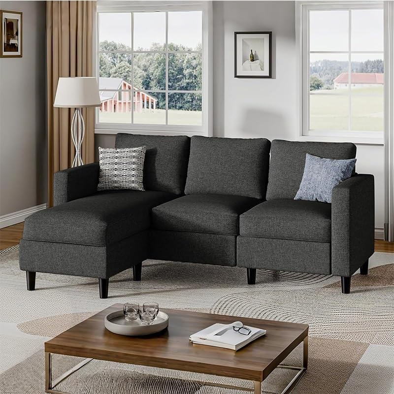 Living Room Office Three Seater L Shaped Sofa with Movable Footstool Fabric Soft Cushion Light Luxury