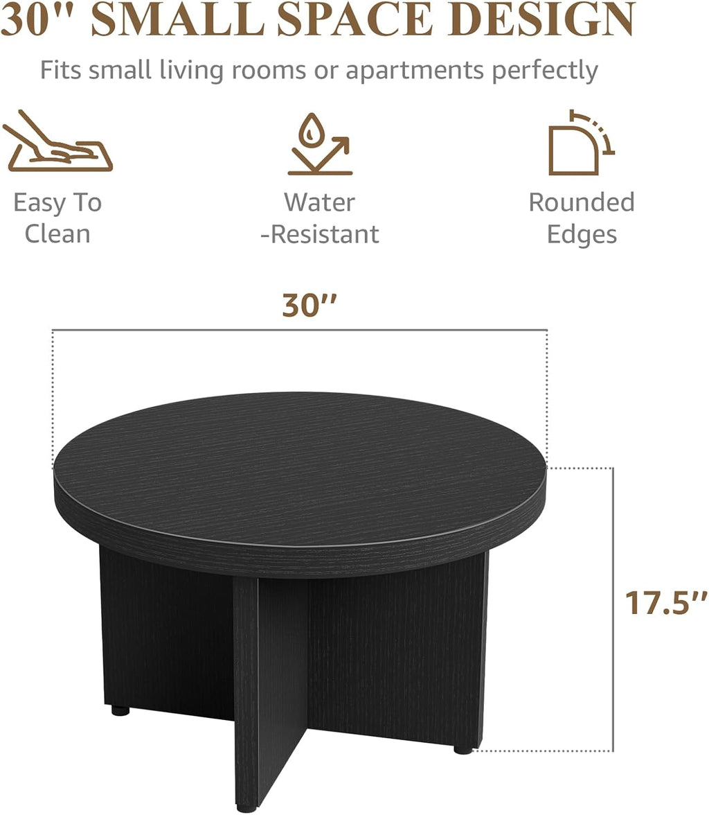 Small Black Round Coffee Table - 30 inch Wood Coffee Tables for Living Room Modern Circle Tea Table Circular Center Table for Apartment