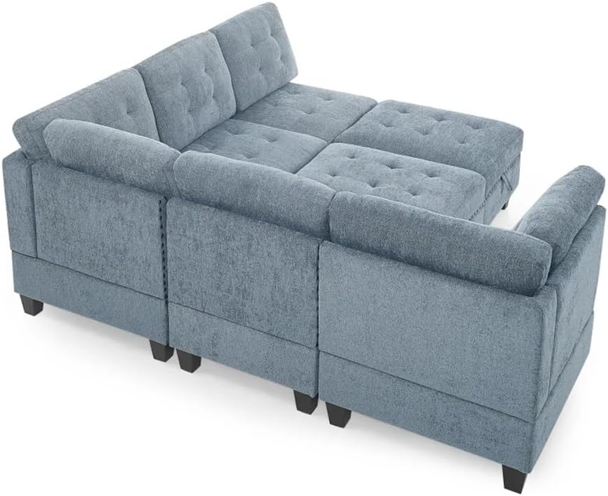 L Shape Chenille Modular Sectional Sofa, Combination Includes Three Single Chair,Two Corner and Ottoman