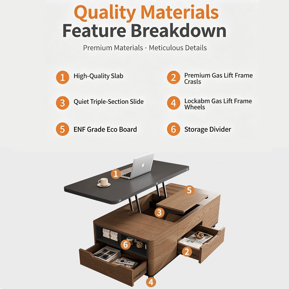 3âinâ1 LiftâTop CoffeeâTable with Storage Drawers & Rolling Casters