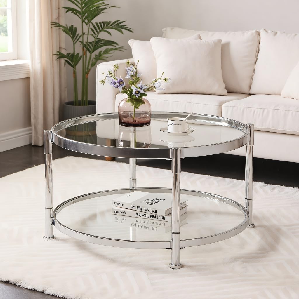 32" Tempered Glass Round Coffee Table Modern Chrome Frame Acrylic Legs Circle Living Room Center Tables