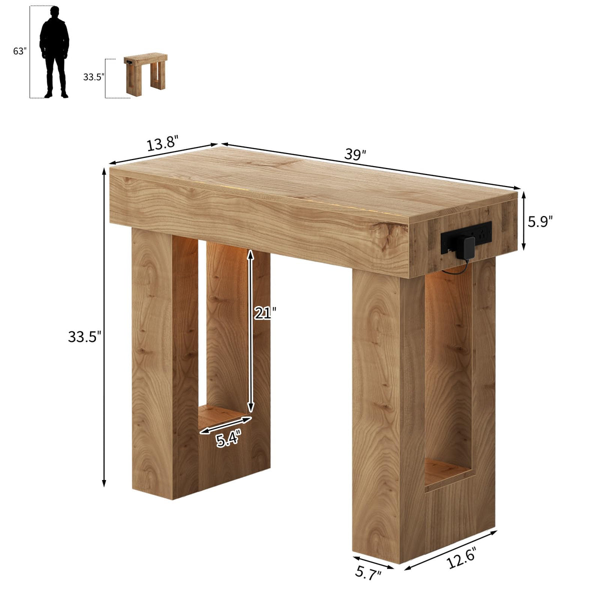 Unikito 63" Console Table with Sensor Light & AC Outlets with USB-C Ports