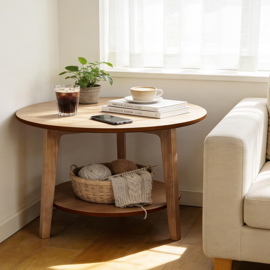 2-Tier Round Coffee Table, 28ââ Wood Nesting Side Table with Storage Shelf, Natural Walnut Wood Tables for Living Room, Space Saving Accent Table