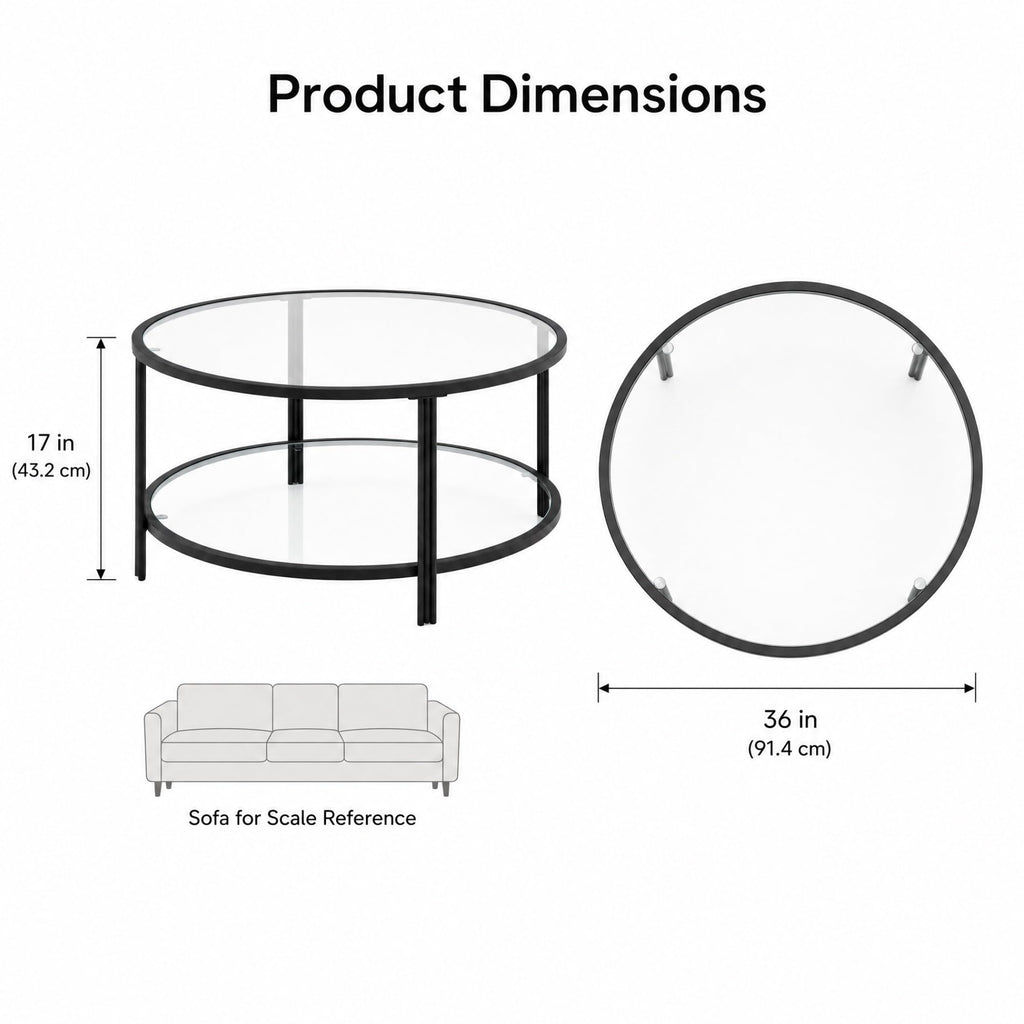 36" Round Glass Coffee Table,Gold Circle Coffee Table with Storage