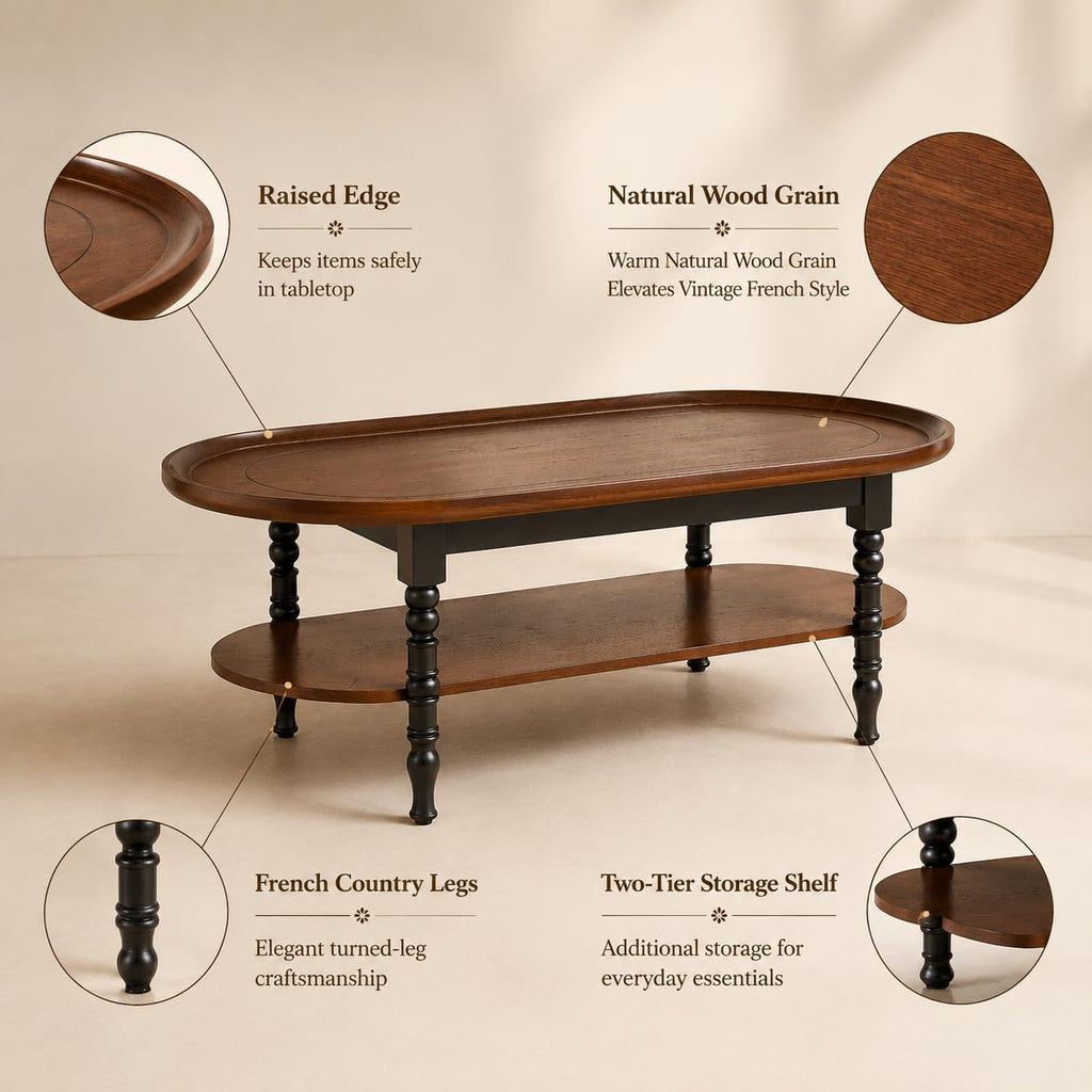 Saint Mossi French Country Coffee Table for Living Room, Mid-Century Modern Round Coffee Table, 2-Tier Wood Center Table, Wanlut Wood Top and French Style Table Legs
