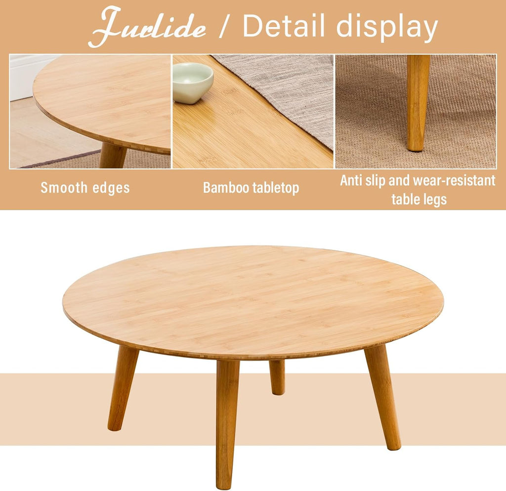 Furlide Small Round Coffee Table, Bamboo Mid Century Floor Table