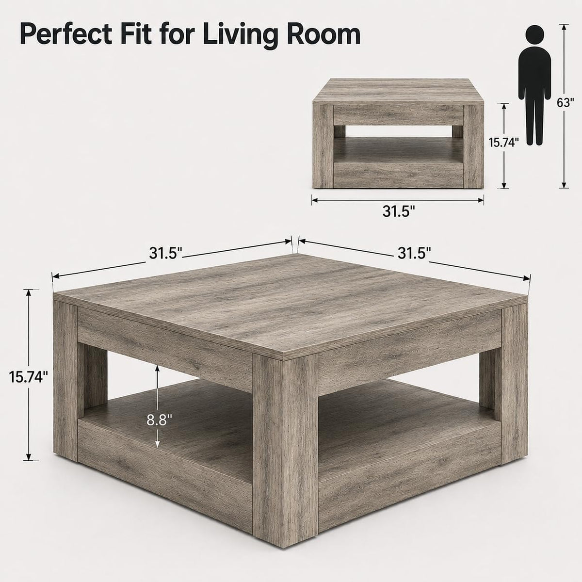 31.5" Square Wood Coffee Table with Storage for Living Room, Gray