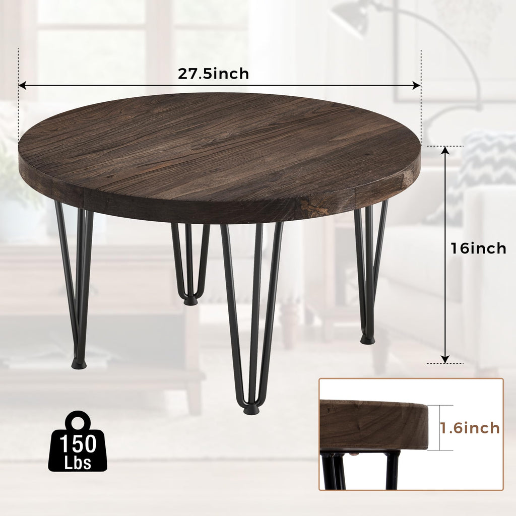FLYJOE Rustic Wood Round Coffee Table with Metal Legs, Solid Elm Wood Top and Non-Slip Feet Pads - Farmhouse Style for Living Room, Natural