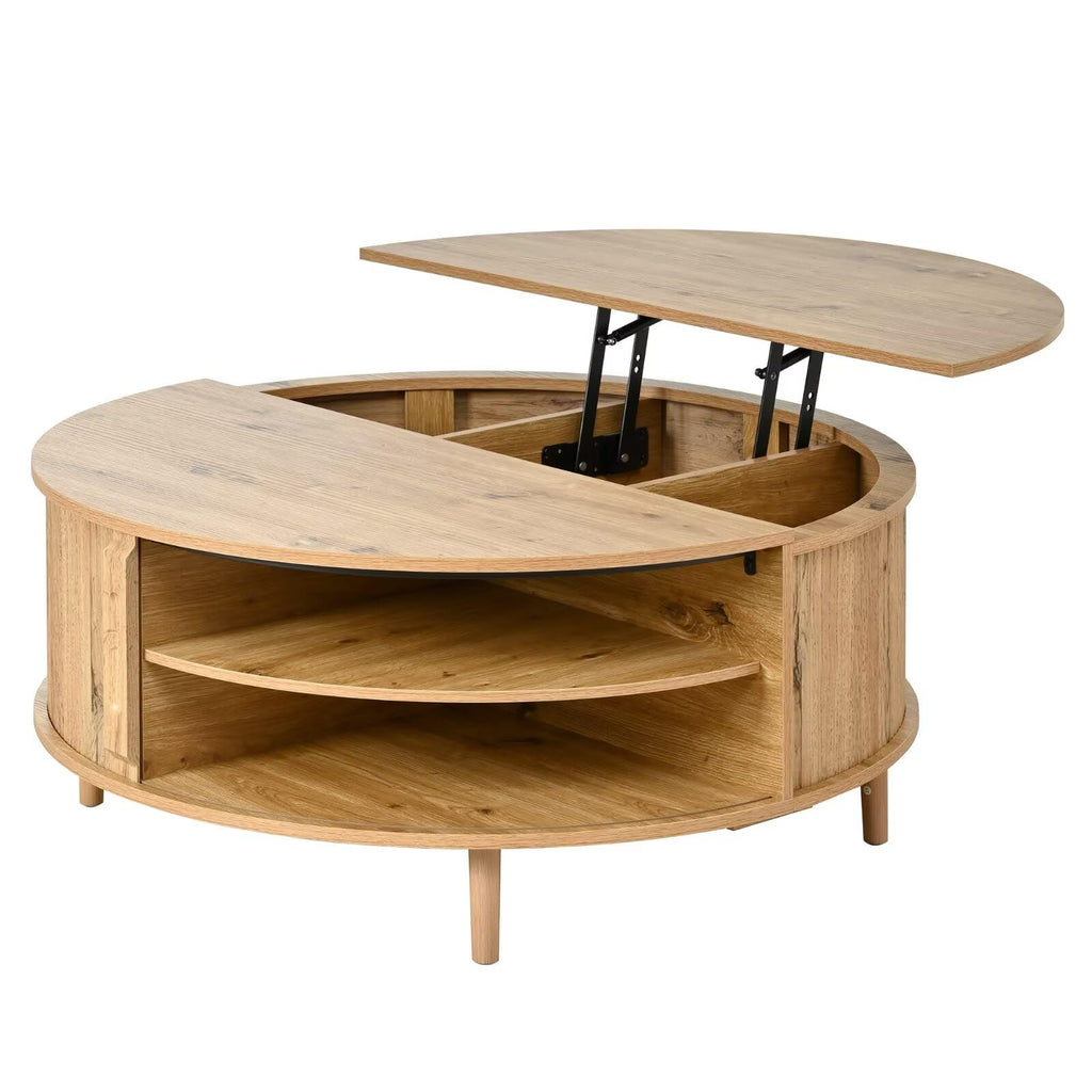 Round Lift Top Coffee Table, 39.4 Inch Minimalist Fluted Walnut Wood Cocktail Table with Hidden Divided Storage & Dual-Tier Open Side Shelves, Dark Walnut Finish Circular Living Room Center Table