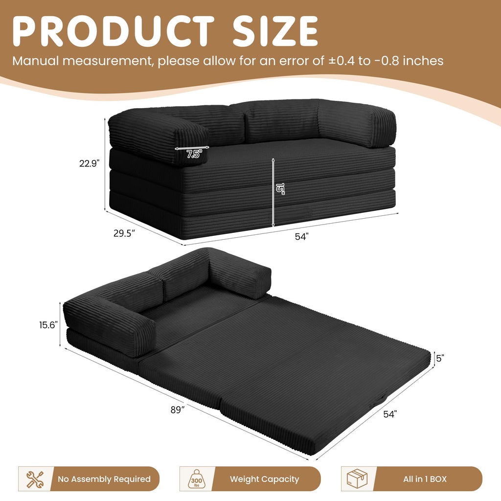 Convertible Sofa Bed Queen,5-in-1 Boneless Couch with Removable Armrests & Handle,Corduroy Futon Sleeper Sofa,Floor Folding Mattress Pull Out Bed for Small Space Apartment Living Room Bedroom,Green