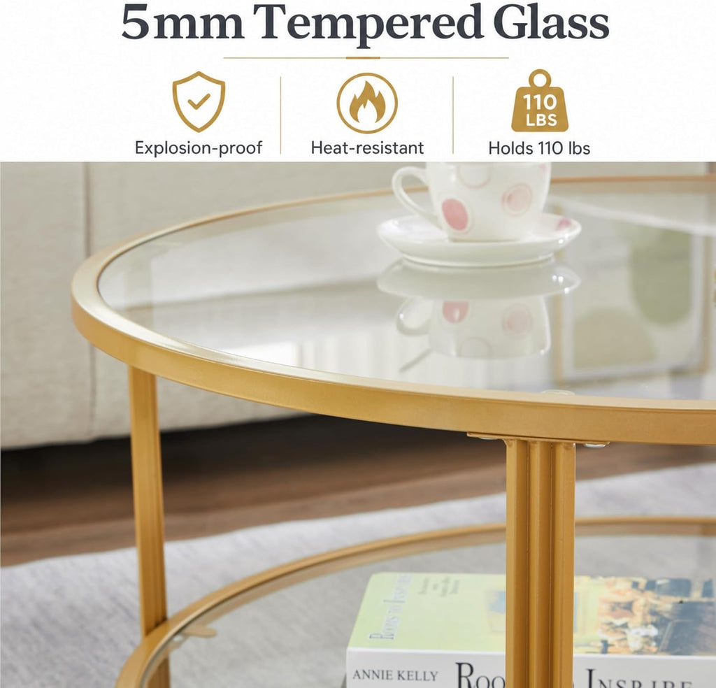 36" Round Glass Coffee Table,Gold Circle Coffee Table with Storage