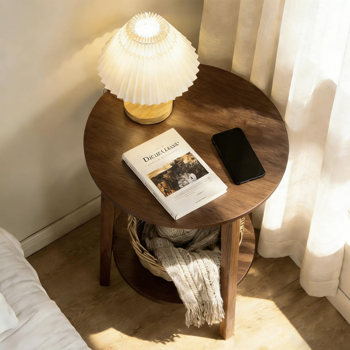 2-Tier Round Coffee Table, 28ââ Wood Nesting Side Table with Storage Shelf, Natural Walnut Wood Tables for Living Room, Space Saving Accent Table