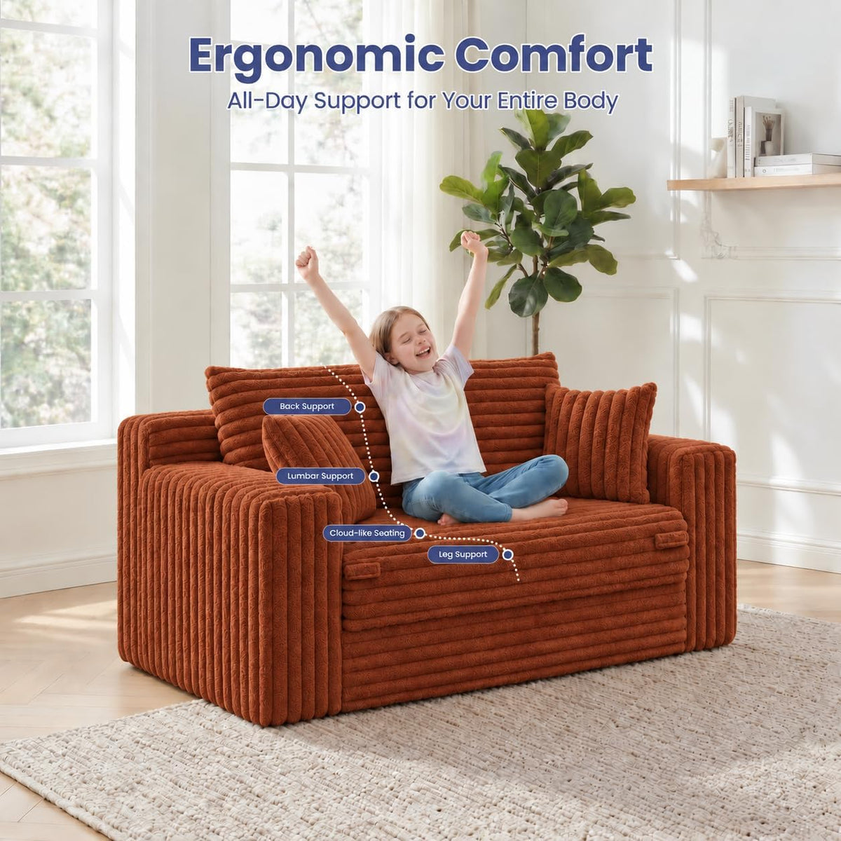 3-in-1 Convertible Sofa Bed: Boneless Loveseat Sleeper & Folding Couch Bed with 4 Pillows & Detachable Cushion, Furry Futon Couch for Bedroom, Apartment, Office and Living Room, No Assembly, Orange