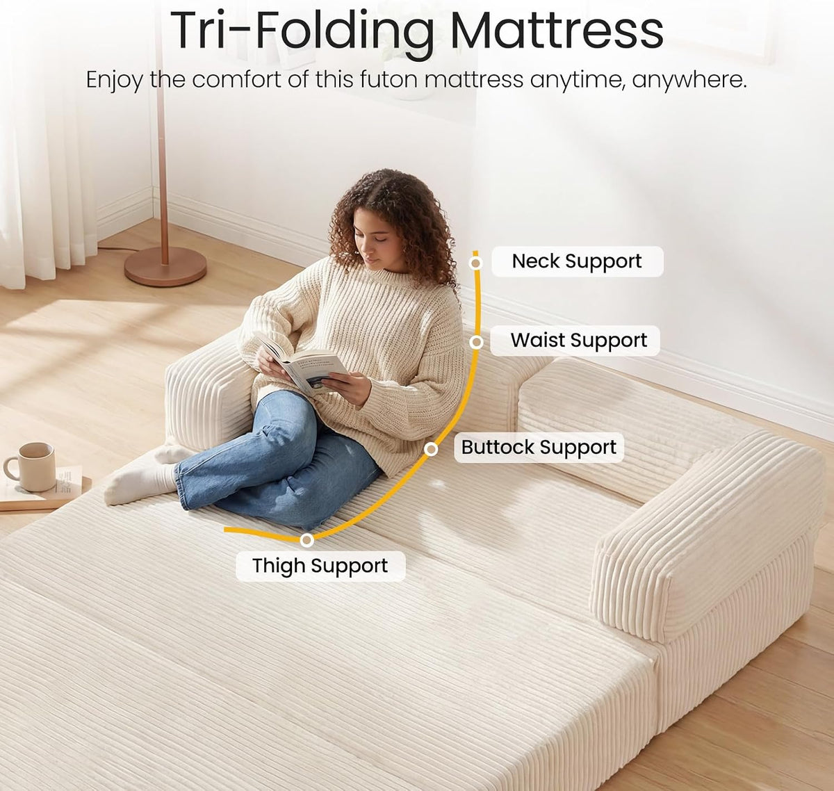 Erament Futon Sofa Bed Queen, Convertible Tri Folding Mattress Foldable with Removable Armrests & Washable Cover, 5-Inch Floor Mattress with High-Density Foam, Small Pull Out Couch Bed, Beige
