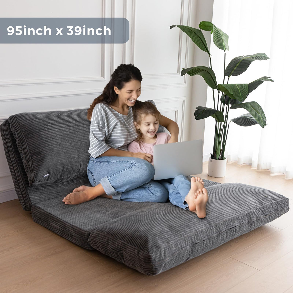 MAXYOYO Folding Sofa Bed, Extra Thick and Long Floor Sofa Convertible Chair with Washable Cover, Floor Couch Lounge Bean Bag Bed for Living Room, Dark Grey, 54x91 Inch