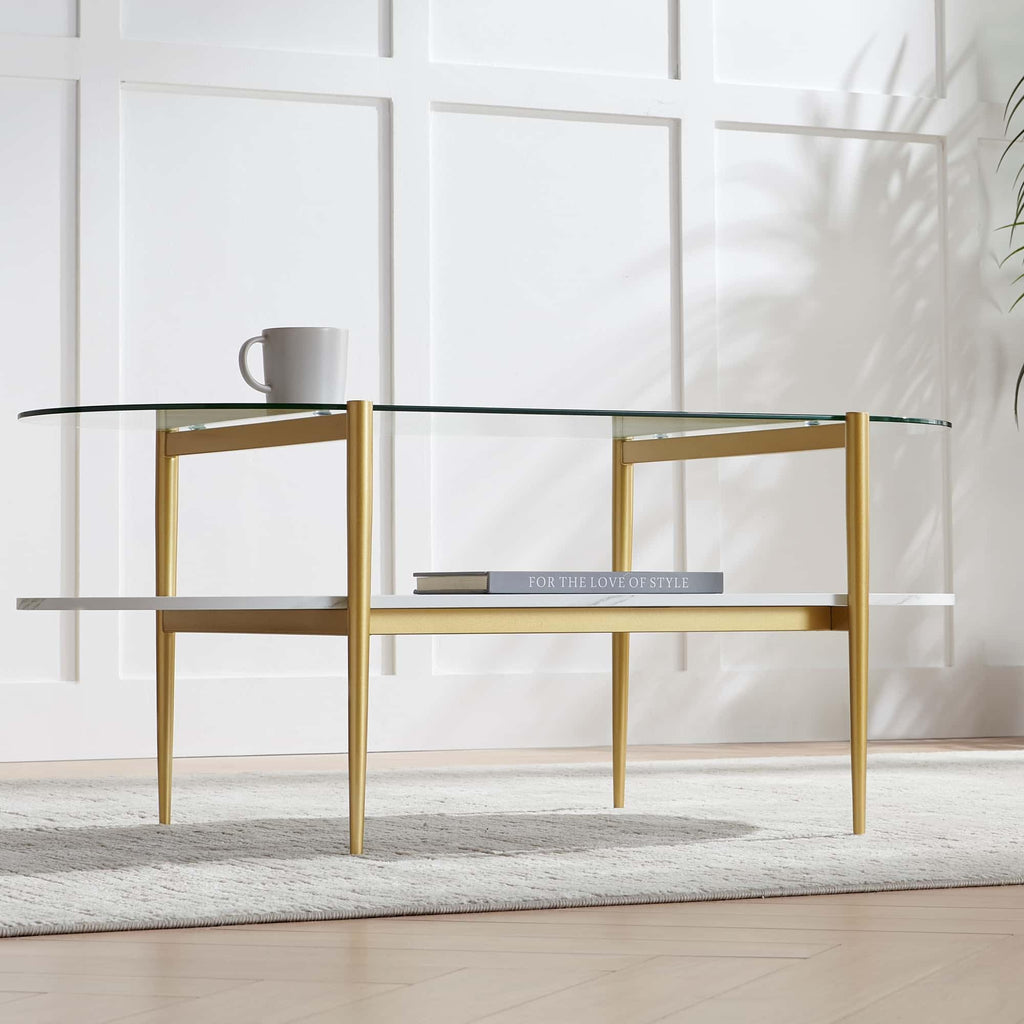 LumFurn Round Coffee Table for Living Room, Mid-Century Modern Design, D30 x H17, 2-Tier Structure, Grey Glass Top and Black Marble Finish Wood Shelf, Sleek Conical Metal Legs with Gold Finish Frame
