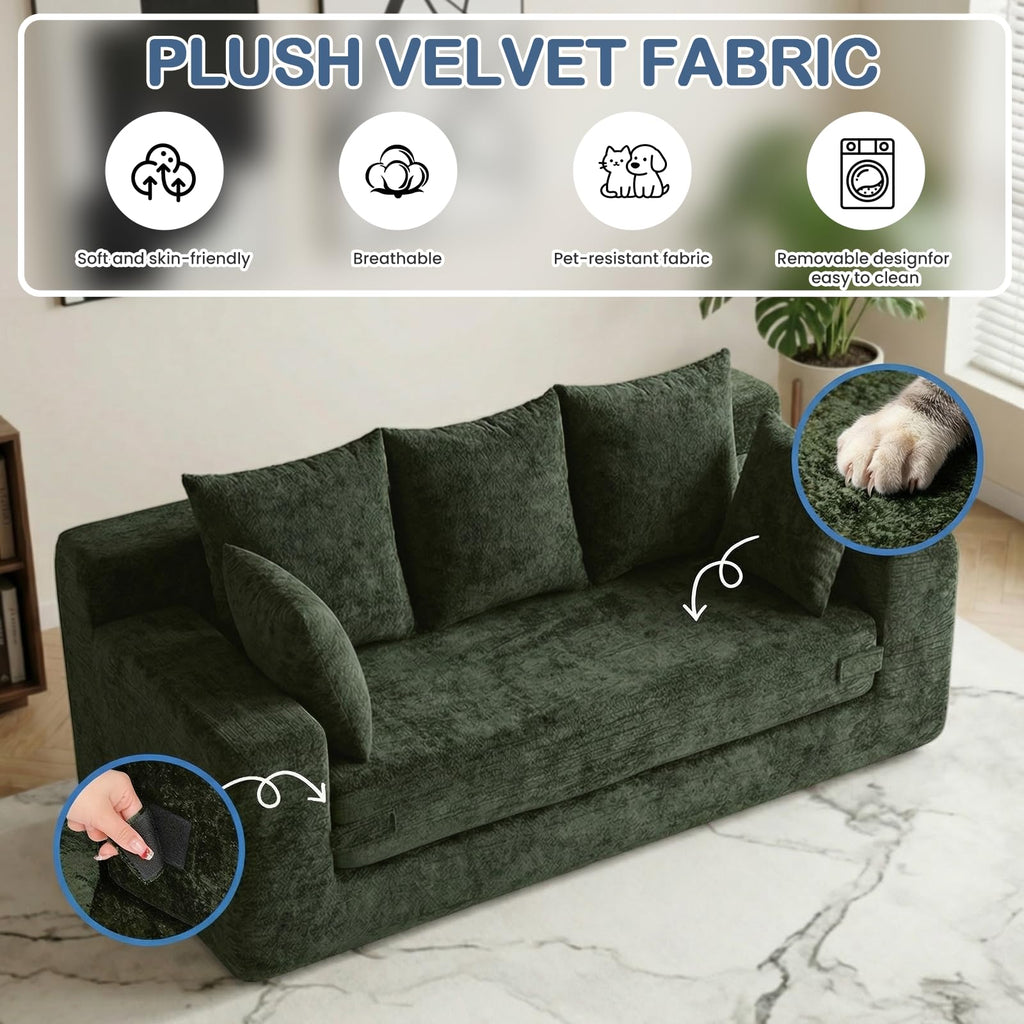 55" Small Boneless Couch, 3-in-1 Boneless Loveseat Sleeper Sofa Bed Convertible Sofa Bed with 4 Pillows, Black Corduroy Boneless Couch for Living Room, Guest Room, Small Space, No Assembly Required