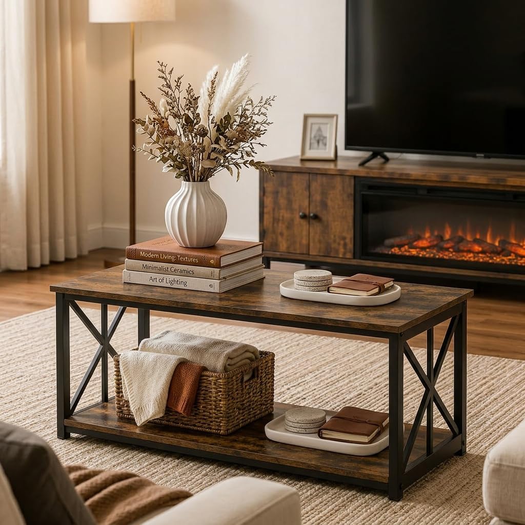 Manora Industrial Rectangular Coffee Table with Storage Shelf, Rustic Brown