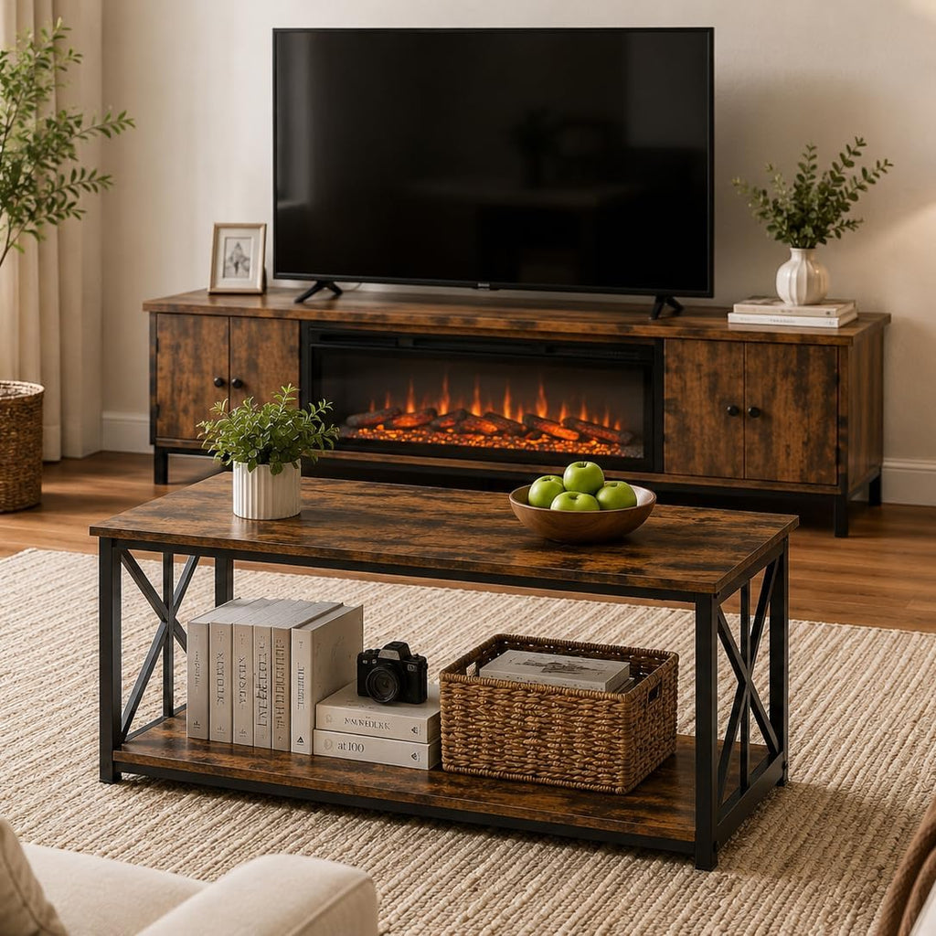 Manora Industrial Rectangular Coffee Table with Storage Shelf, Rustic Brown