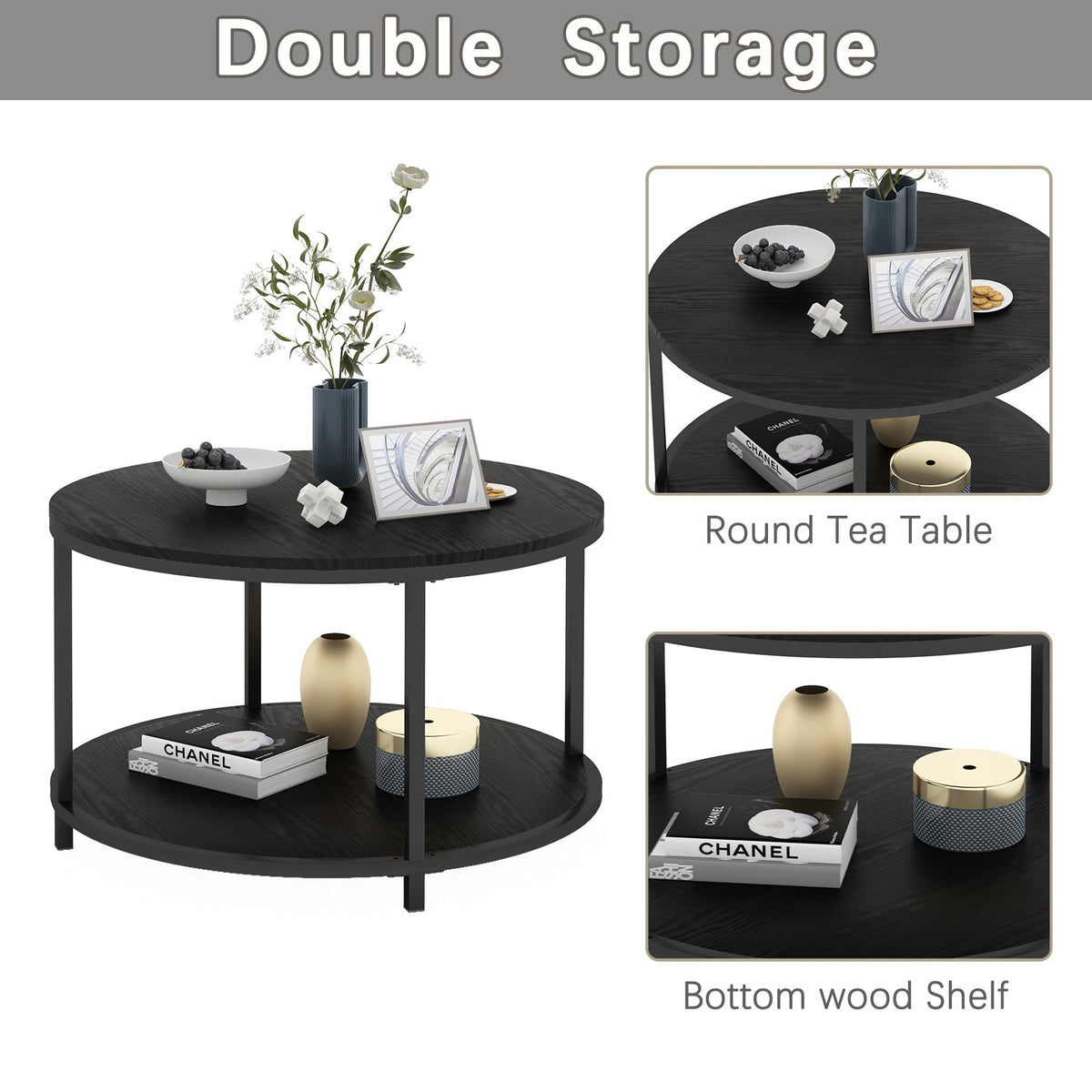 NSdirect Round Coffee Table,36" Coffee Table for Living Room,2-Tier Rustic Wood Desktop with Storage Shelf Modern Design Home Furniture(Light Walnut)