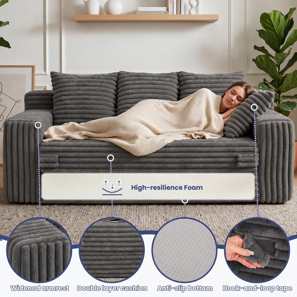 3-in-1 Convertible Sofa Bed: Boneless Loveseat Sleeper & Folding Couch Bed with 4 Pillows & Detachable Cushion, Furry Futon Couch for Bedroom, Apartment, Office and Living Room, No Assembly, Orange
