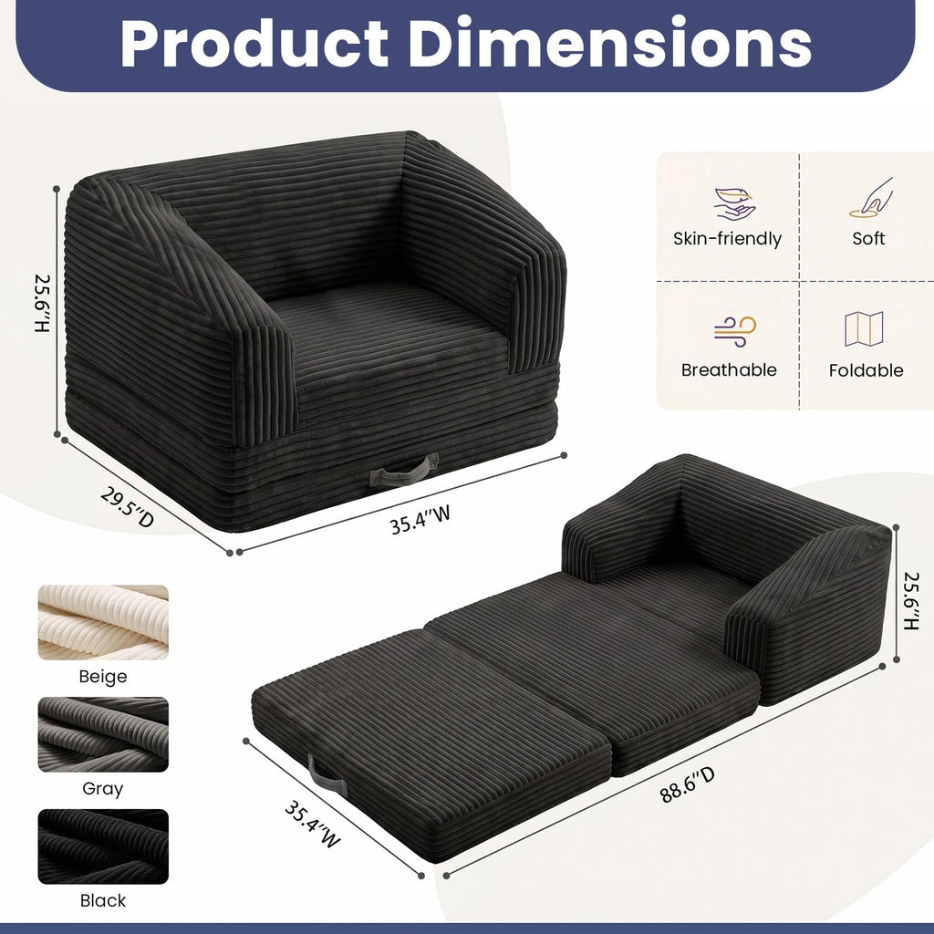 JUIKURY Convertible Sofa Bed, 3-in-1 Foldable Loveseat Couch with Armrest, Corduroy Floor Sofa & Sleeper Bed, No Assembly High-Density Foam Futon Mattress for Living Room, Small Apartment, Dorm