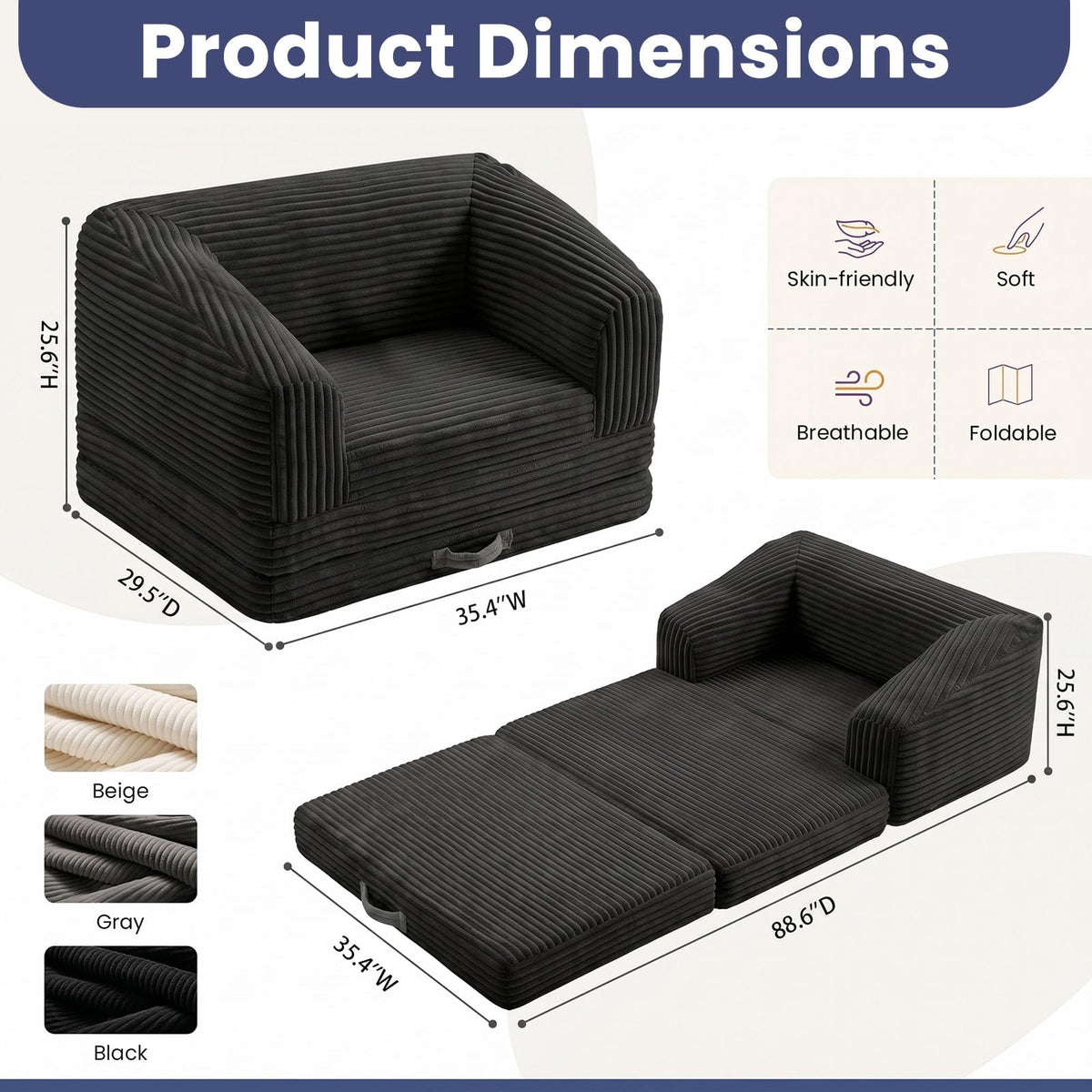 JUIKURY Convertible Sofa Bed, 3-in-1 Foldable Loveseat Couch with Armrest, Corduroy Floor Sofa & Sleeper Bed, No Assembly High-Density Foam Futon Mattress for Living Room, Small Apartment, Dorm