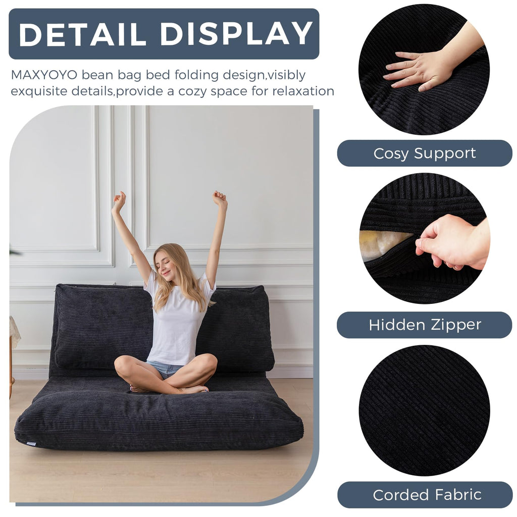 MAXYOYO Folding Sofa Bed, Extra Thick and Long Floor Sofa Convertible Chair with Washable Cover, Floor Couch Lounge Bean Bag Bed for Living Room, Dark Grey, 54x91 Inch