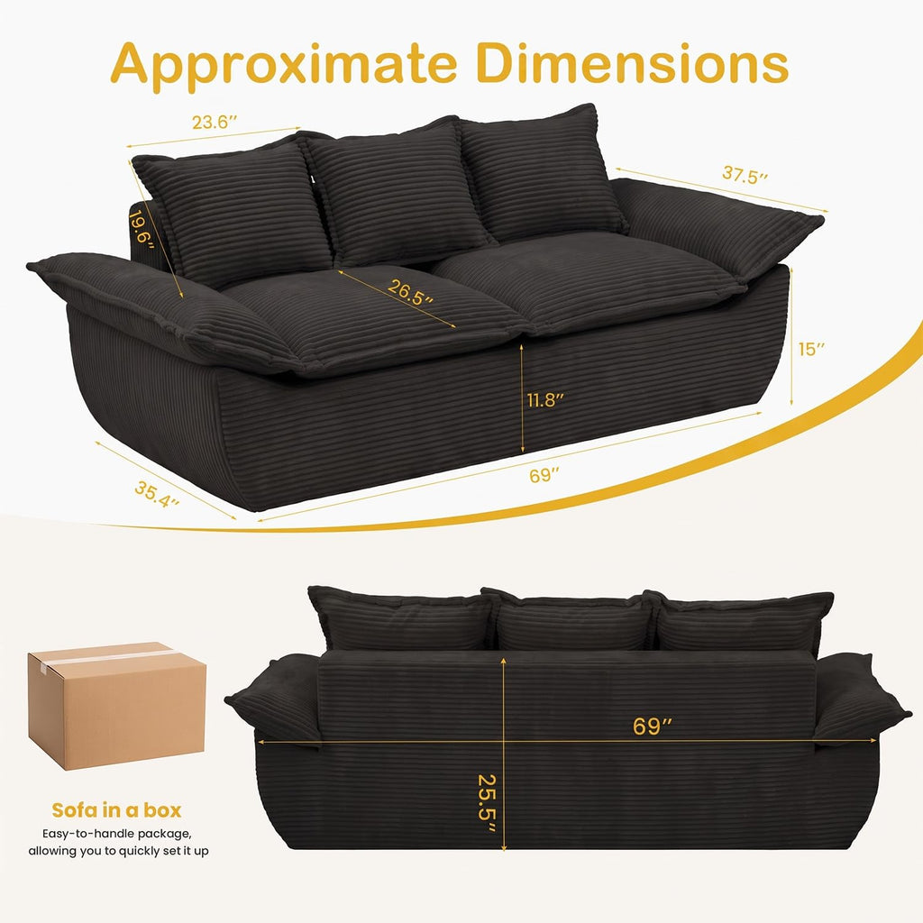 56" Boneless Loveseat, 2-Seater Black Boneless Sofa with Removable Cushions & 2 Pillows, Small Mini Couch Boneless Foam Sofa for Living Room, Apartments, & Office