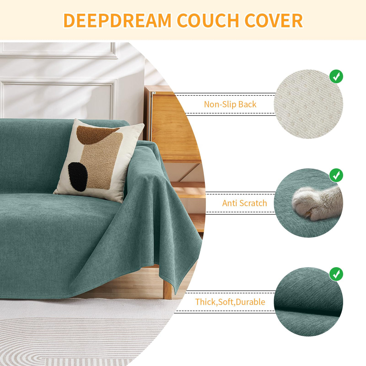 Deep Dream Cat-Scratch Resistant Couch Cover, Waterproof Sofa Cover for 3 Cushion Couch Washable, Pet Friendly Couch Protectors Anti Slip Thickened Sofa Slipcovers for Dogs Pets, 91" x 150", Brown