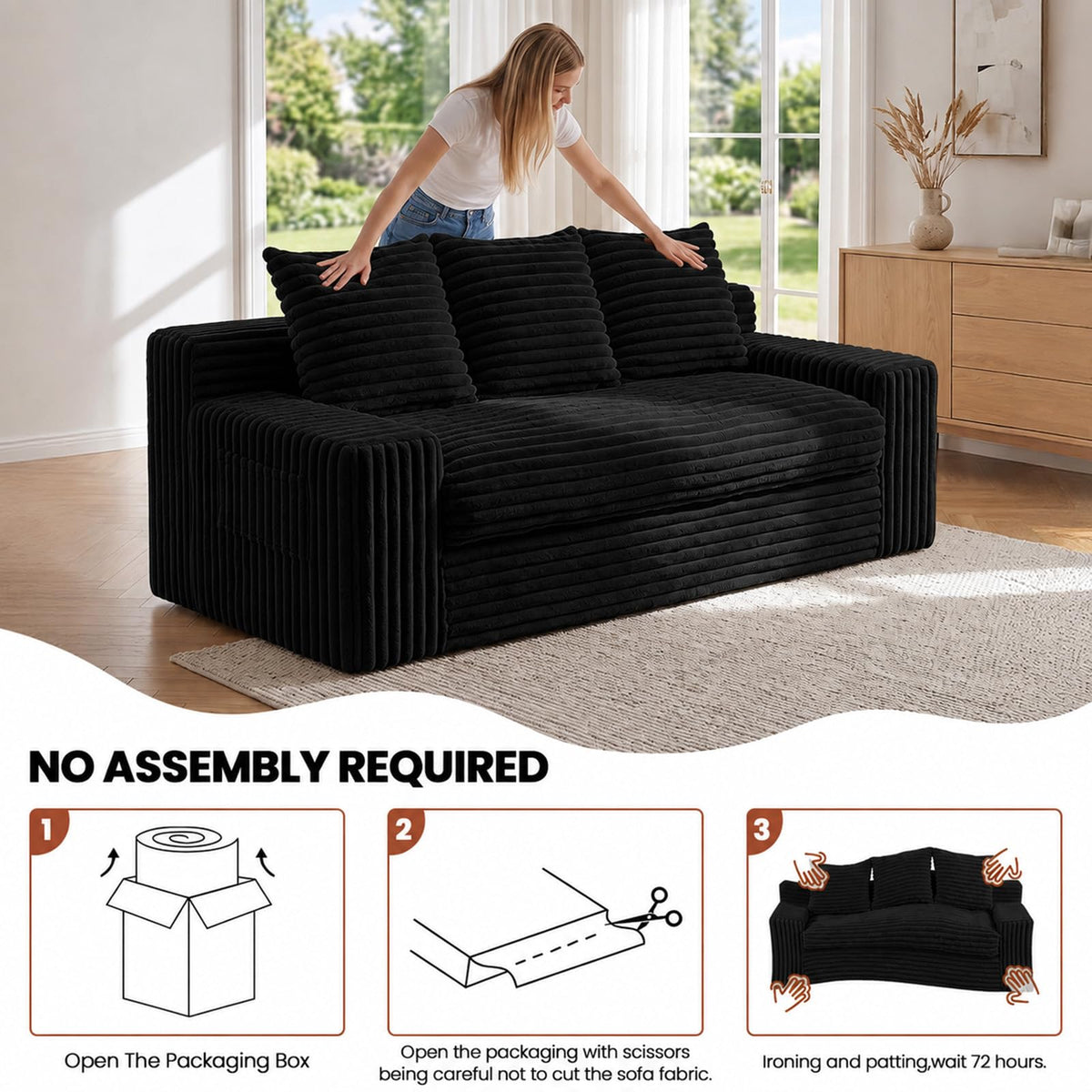 Small Boneless Couch, Boneless Loveseat Convertible Sofa Bed Sleeper Sofa Couch Bed with 2 Pillows, Corduroy Folding Floor Futon Foldable Boneless Couch for Living Room, Guest Room, Small Space, Black