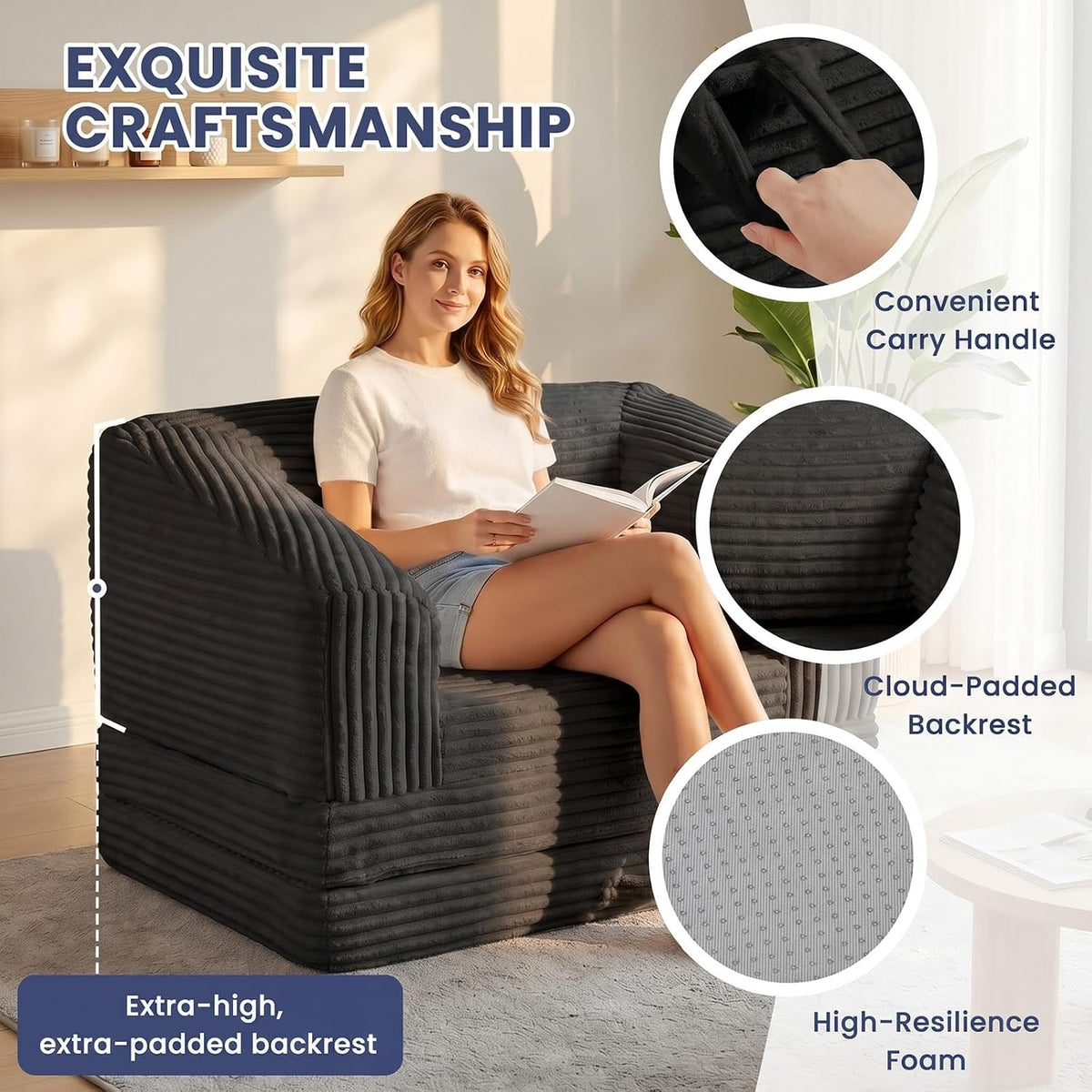 Convertible Folding Sofa Bed, 2-in-1 Single Boneless Sofa with Soft Corduroy & Ultra-Thick Backrest, Foldable Boneless Chair Lounger Sleeper Sofa for Small Apartment, Living Room, Home Office