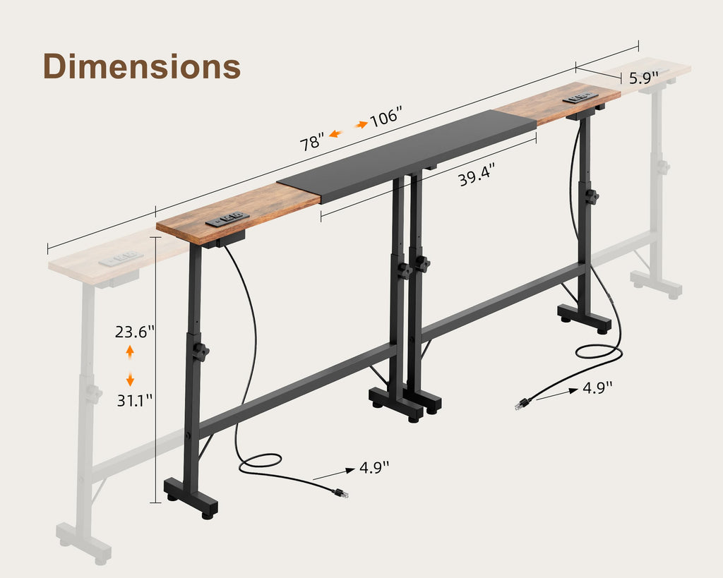 106"-157" Adjustable Length Behind Couch Sofa Table with 3 Power Outlets